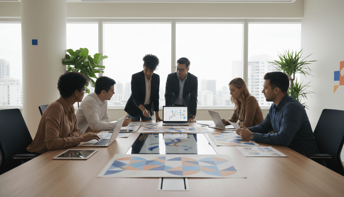 Team collaborating on integrated marketing strategy with digital and physical materials