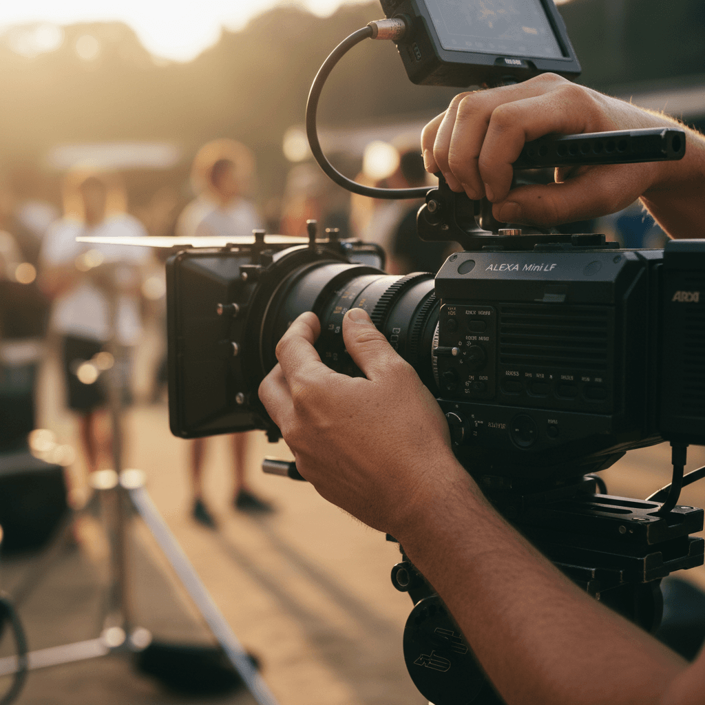 Operatore video professionale durante la regolazione della messa a fuoco su una fotocamera cinematografica