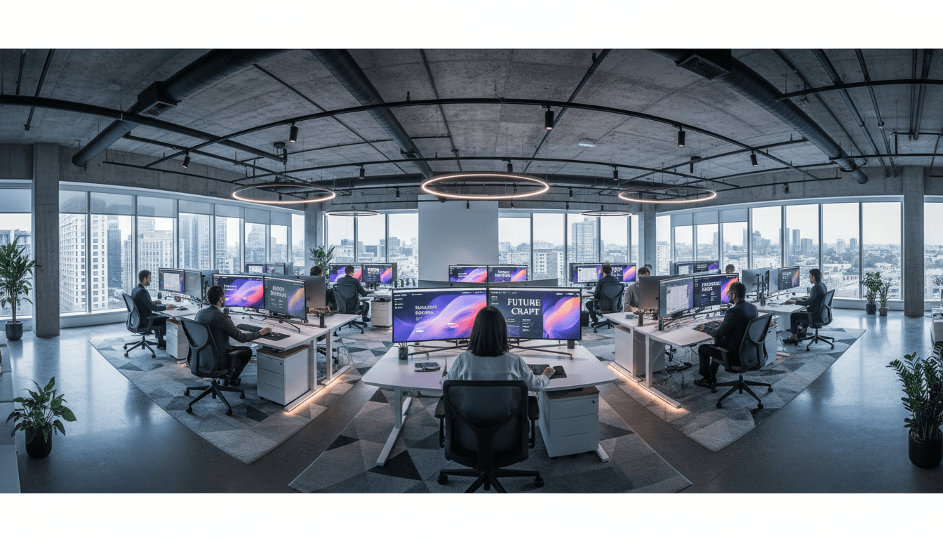 Designer interacting with tablet displaying brand design in a modern collaborative marketing workspace