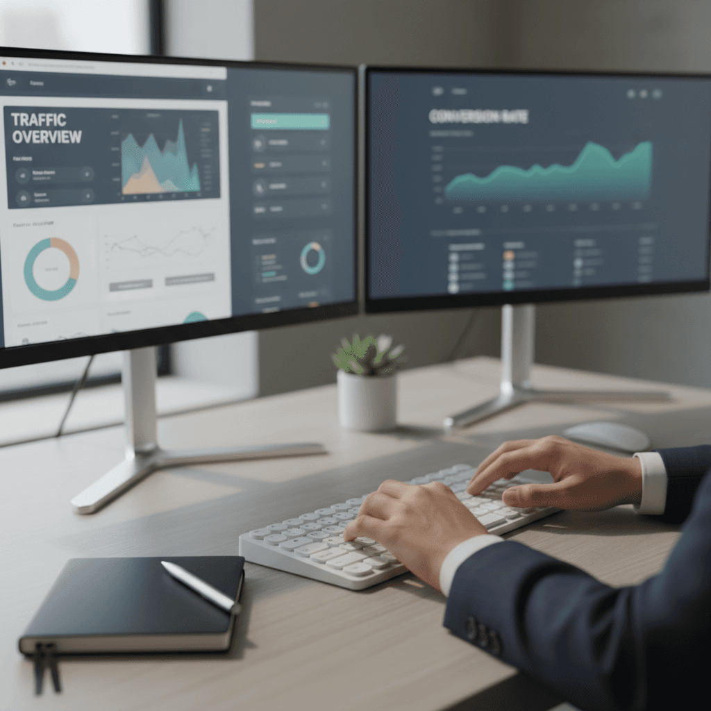 Professionista che analizza dashboard SEO e metriche di posizionamento