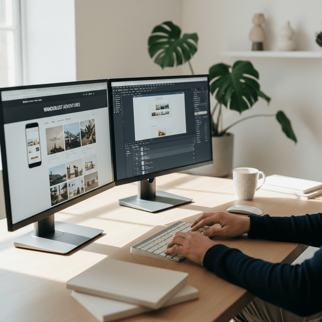 Designer sviluppa sito web responsive su monitor dual con interfaccia moderna e ottimizzata